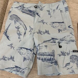 Pelagic Traverse Youth  Fishing Shorts Light Blue Fish Print Size 27 UPF 50+